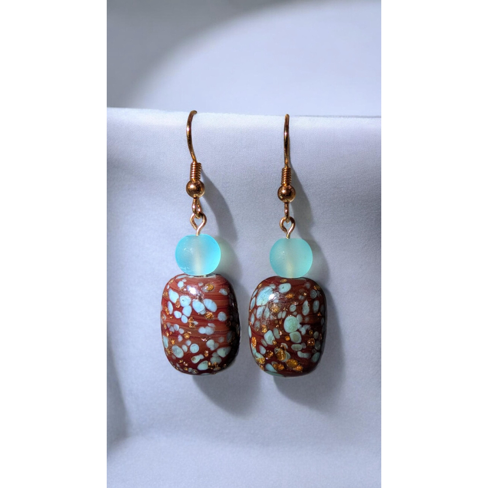 Frosted Light Blue and Brown Glass Bead Dangle Earrings, Rose Gold Tone
